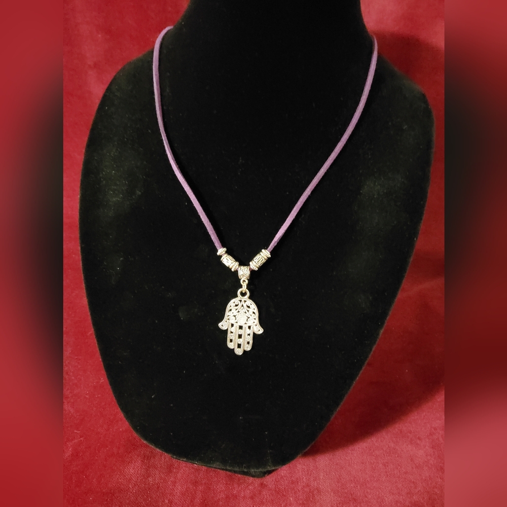One Earth Hamsa Necklace On A Purple Suede Cord - Picture 2 of 4